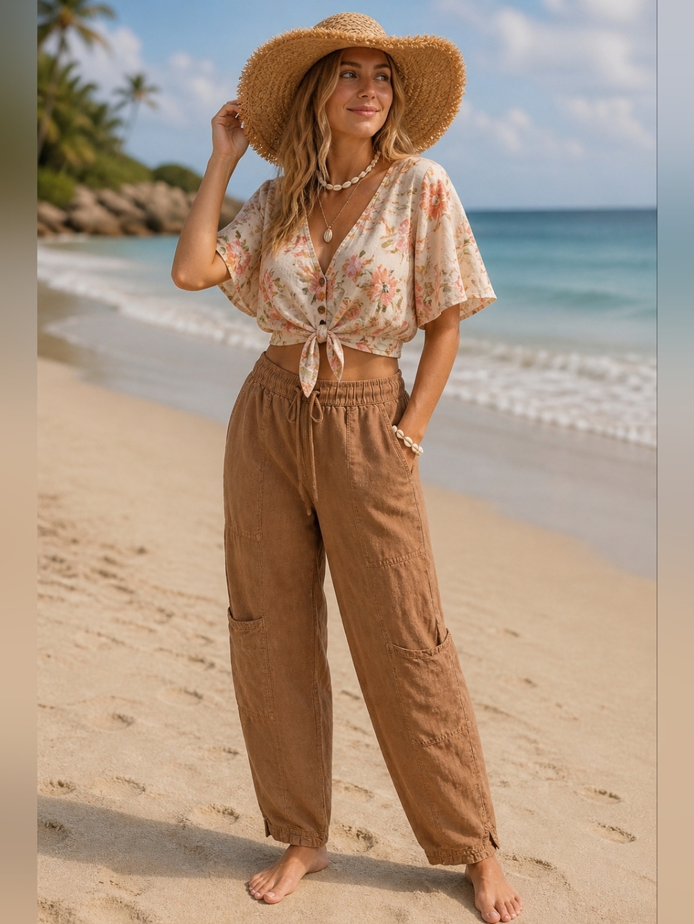 C&C California Linen Blend Crop Cargo XL Boho Beach Brown